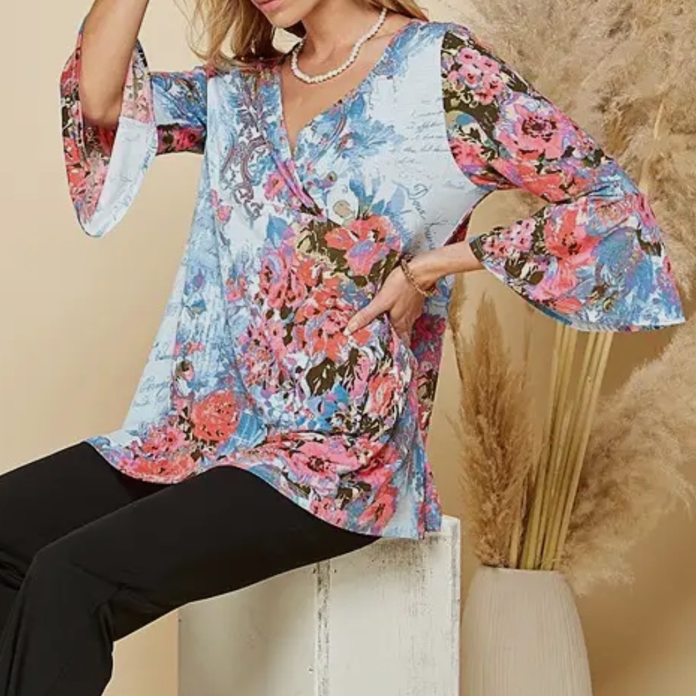 Floral V-Neck Bell Sleeve Top